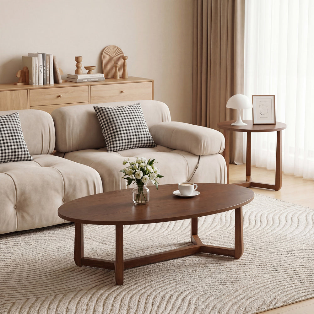 Nesting coffee table set featuring walnut wood veneer tops and solid rubberwood legs, perfect for stylish living room.