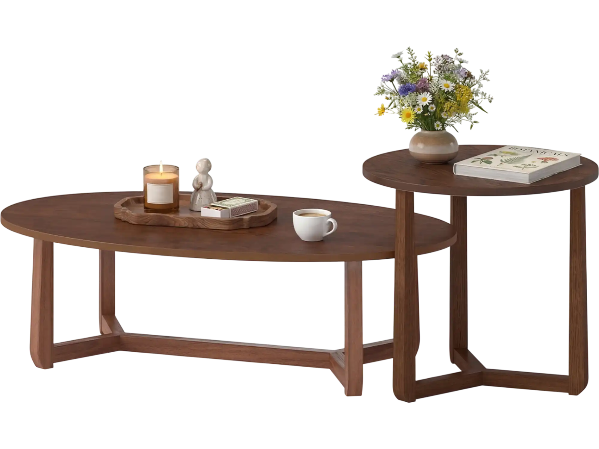 Costway Nesting Coffee Table Set of 2 Wood Veneer Top Rubber Wood Legs 38073648 New
