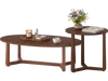 Nesting coffee table set of 2 with walnut wood veneer tops and solid rubberwood legs, perfect for versatile living.