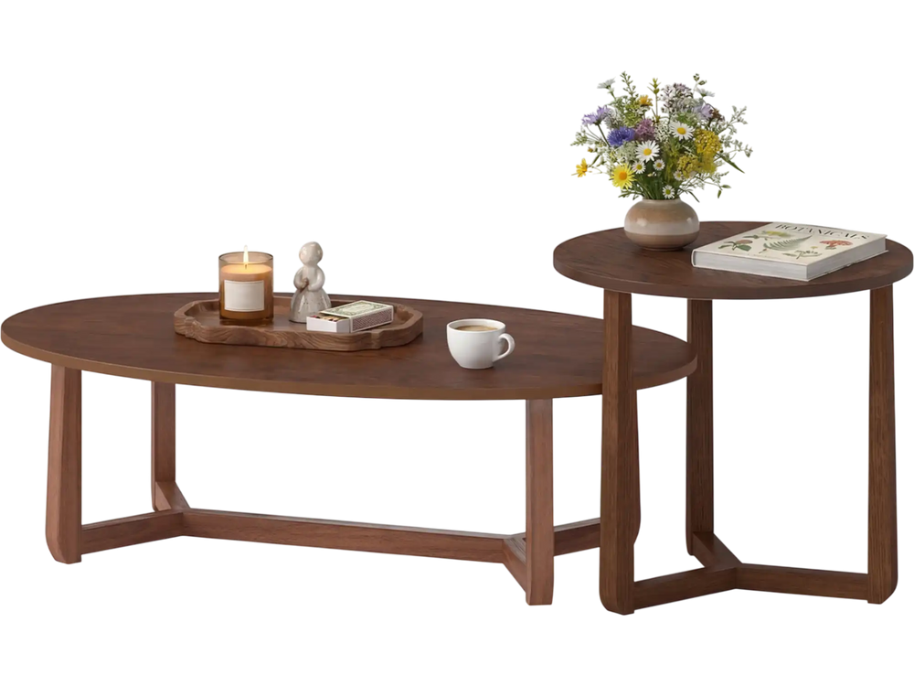 Nesting coffee table set of 2 with walnut wood veneer tops and solid rubberwood legs, perfect for versatile living.
