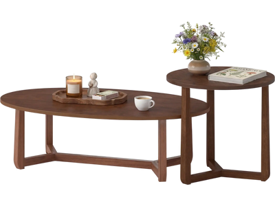 Costway 2-Pc Nesting Coffee Table Set Wood Veneer Top Rubber Wood Legs 38073648 New
