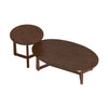 Nesting coffee table set of 2 in walnut with oval and round wood veneer tops, featuring solid rubberwood legs.