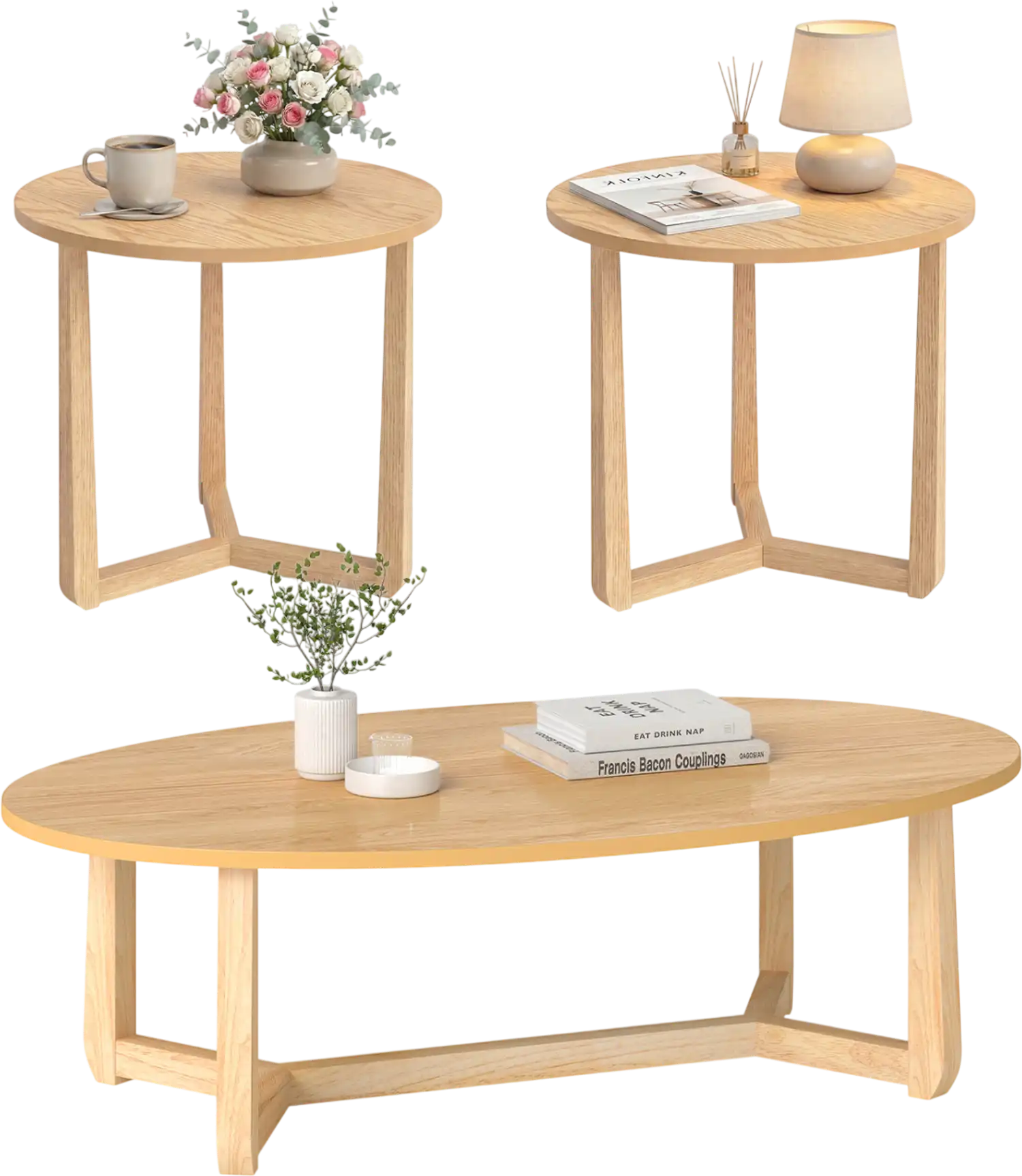 Costway Nesting Coffee Table Set of 3 Wood Veneer Top Rubber Wood Legs 60698443 New