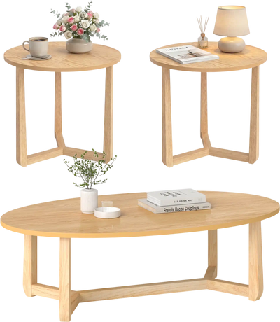 Costway Nesting Coffee Table Set of 3 Wood Veneer Top Rubber Wood Legs 60698443 New