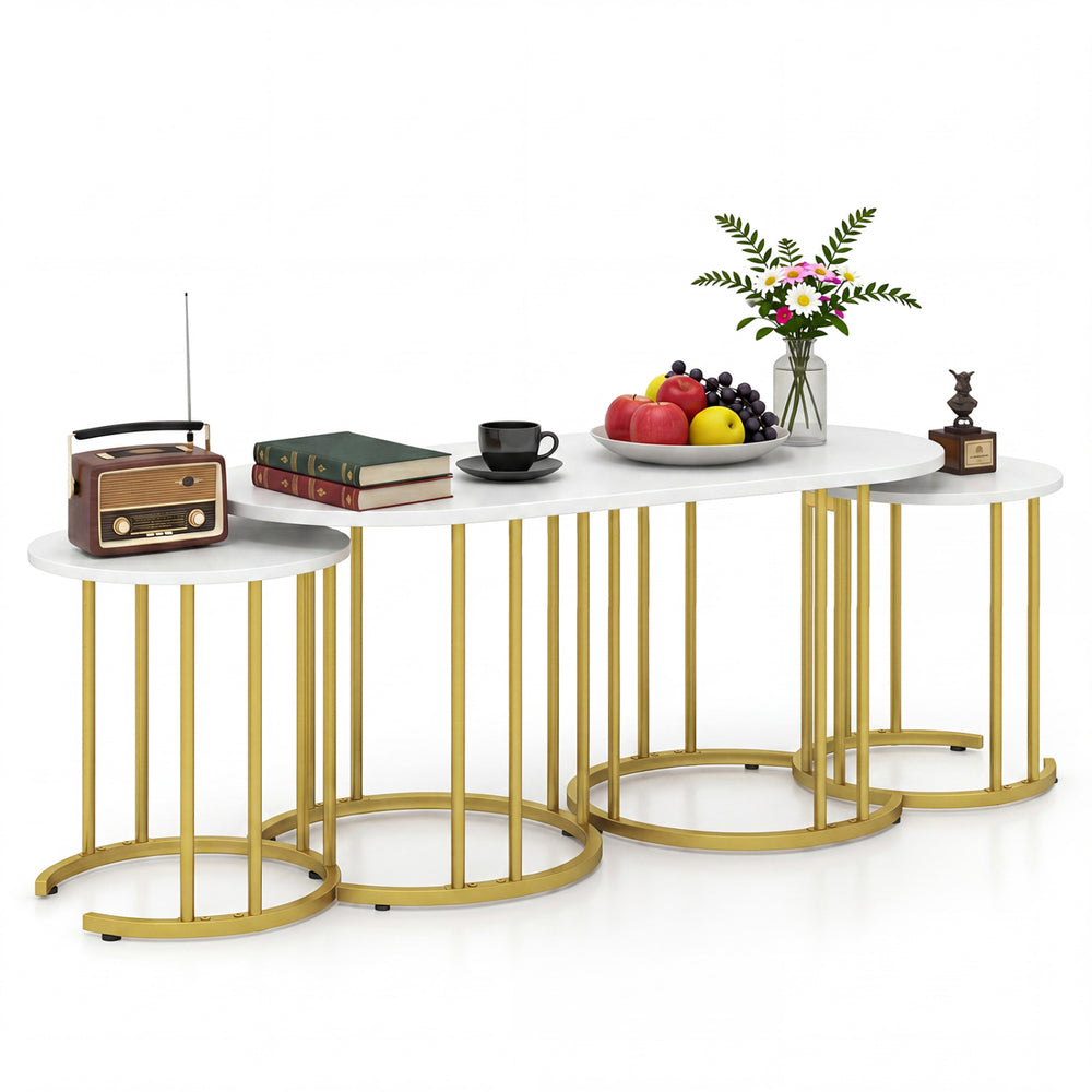 Nesting coffee table set arranged individually, featuring faux marble tops and a sturdy gold metal frame for stylish.