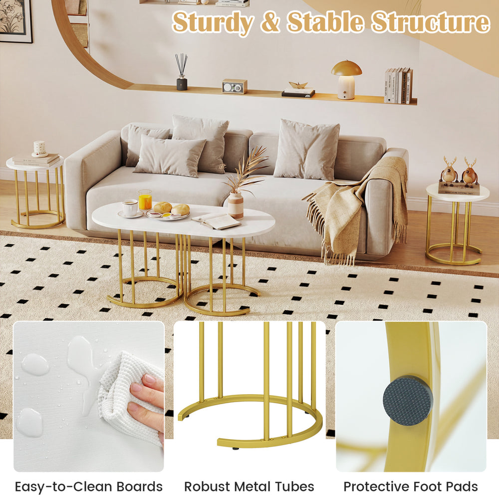Nesting coffee table set of 3 with faux marble tops and powder-coated gold metal frame for versatile living room use.