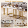 Nesting coffee table set of 3 with faux marble top and gold metal frame, ideal for living room or office use.