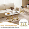 Nesting coffee table set of 3 with faux marble tops and gold metal frame, perfect for living room or office use.