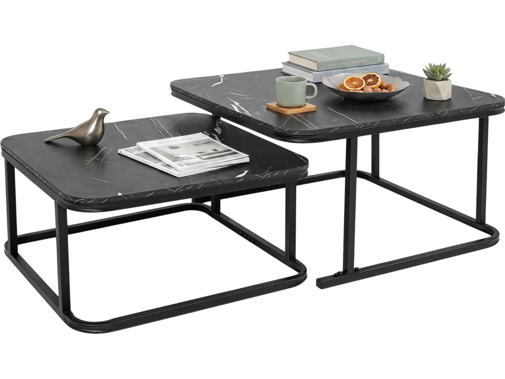 Nesting coffee table set of 2 with black faux marble top and metal frame, designed for versatile stacking and individual use.