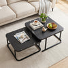 Nesting coffee table set of 2 with faux marble top and metal frame, perfect for living room or office organization.