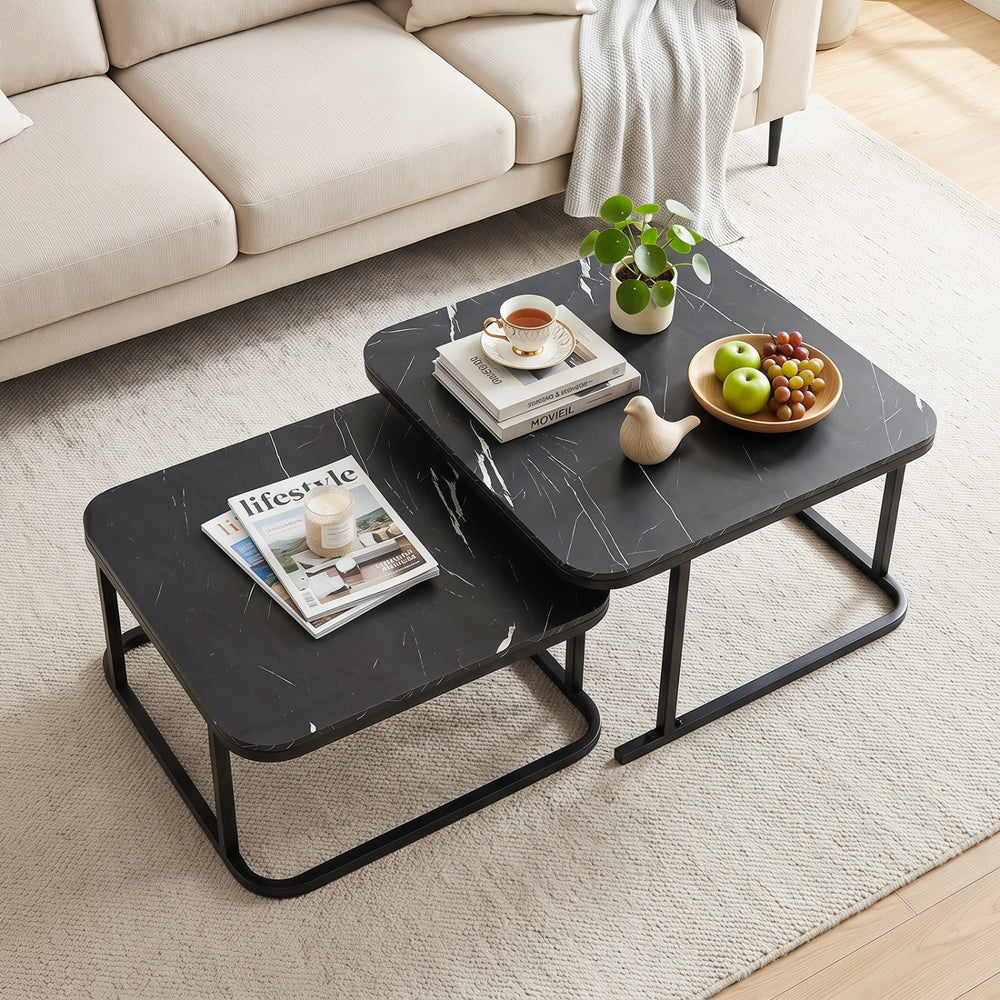 Nesting coffee table set of 2 with faux marble top and metal frame, perfect for living room or office organization.