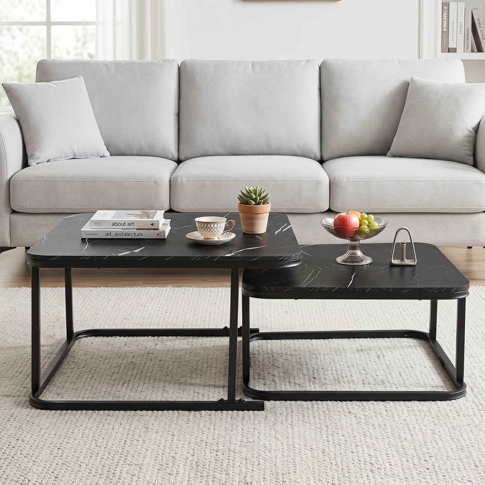 Nesting coffee table set of 2 showcases a stylish faux marble top and sleek metal frame, ideal for modern living spaces.