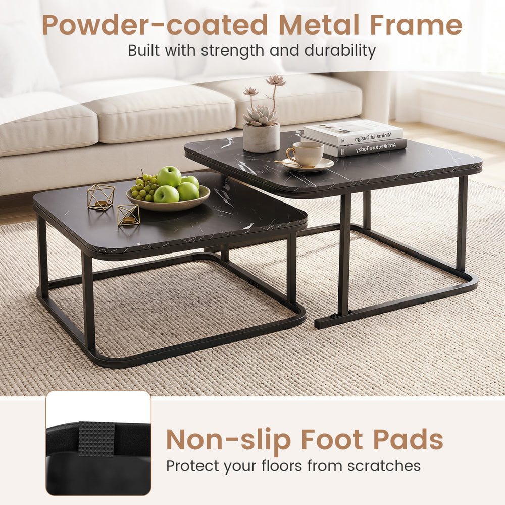 Nesting coffee table set of 2 features a faux marble top and a durable powder-coated metal frame for versatile placement.