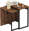 Nesting coffee table set in rustic brown with solid metal frame, perfect for living room or bedroom use.