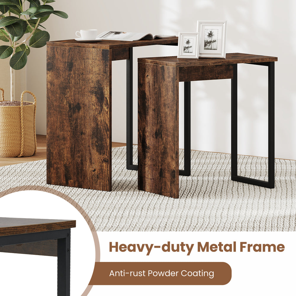 Nesting coffee table set in rustic brown with heavy-duty metal frame, ideal for living room or bedroom use.