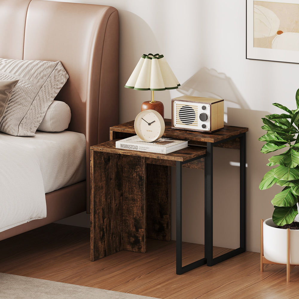 Nesting coffee table set in rustic brown with faux wood grain, perfect for living room or bedroom use.