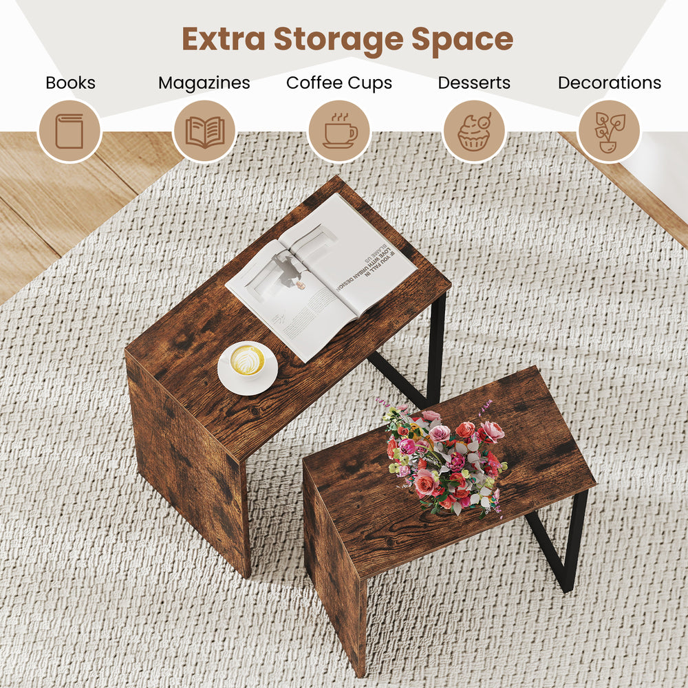 Nesting coffee table set in rustic brown with faux wood grain, ideal for living room storage and space-saving solutions.