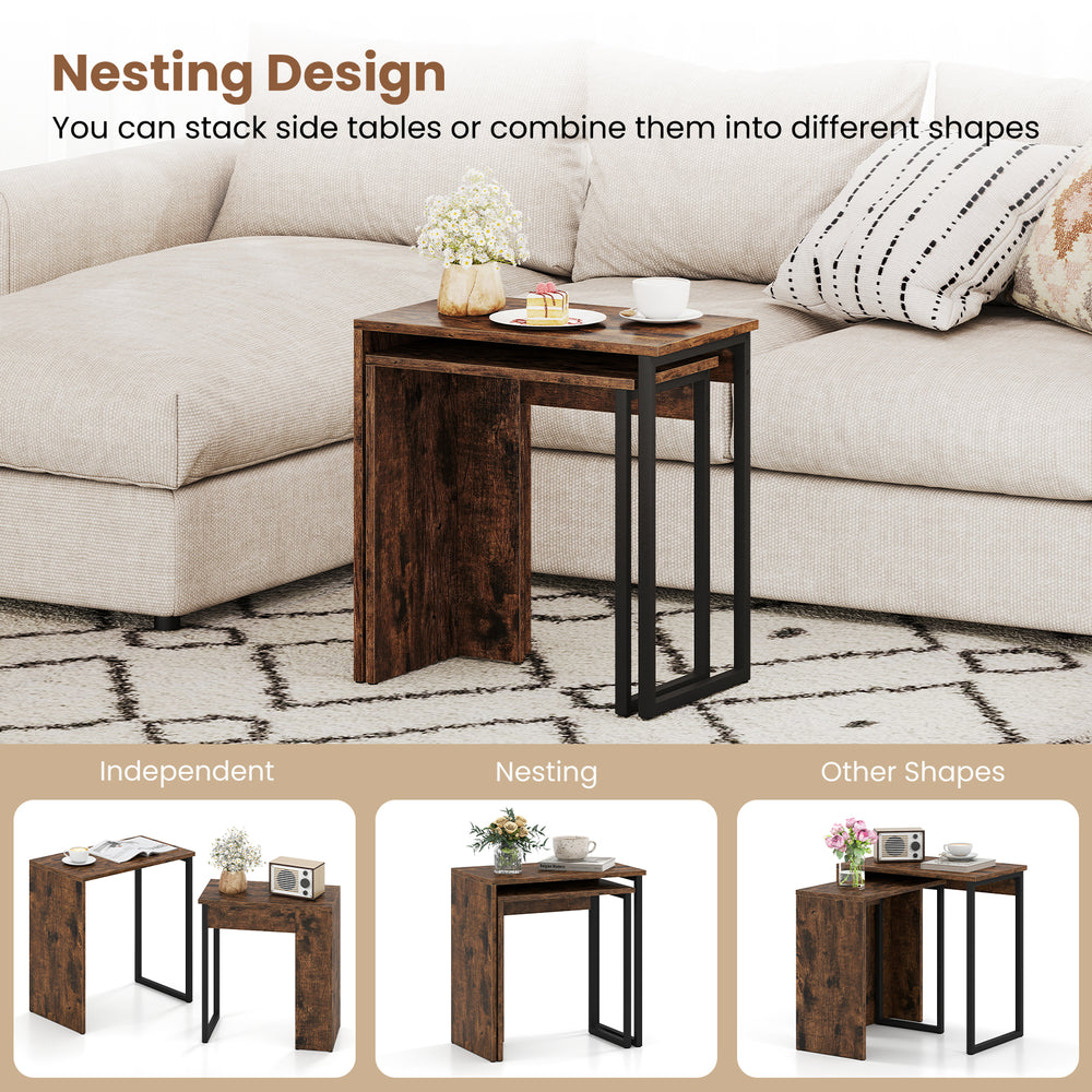 Nesting coffee table set in rustic brown with metal frame, ideal for living room or bedroom, offering versatile use.