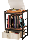 Rustic brown industrial bedside table with open storage shelf, fabric drawer, and vinyl records displayed on top.