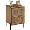 Mid-century modern nightstand in rustic brown with woven accents, featuring two storage drawers and a spacious tabletop.