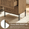 Mid-century modern nightstand with rustic brown finish, featuring woven accents and heavy-duty metal legs for stability.