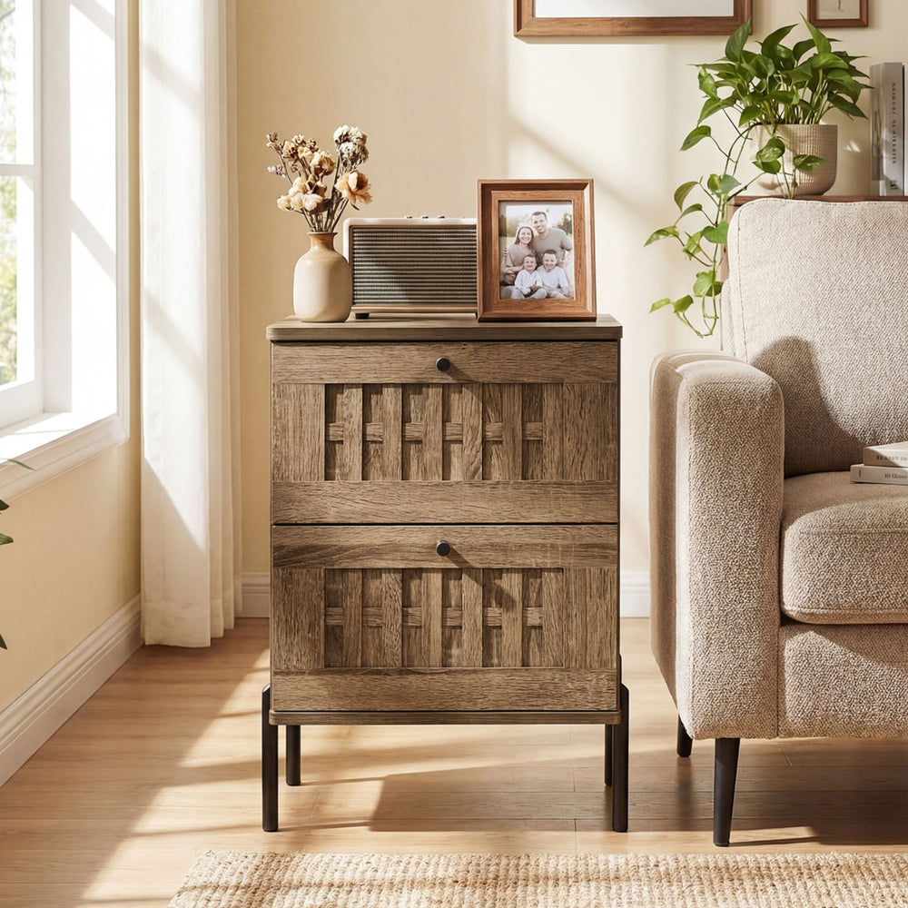 Mid-century modern nightstand in rustic brown, showcasing a spacious tabletop and stylish woven drawer fronts for decor.