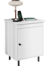 White nightstand with door, featuring ample storage, sleek finish, and metal legs, perfect for living rooms or bedrooms.