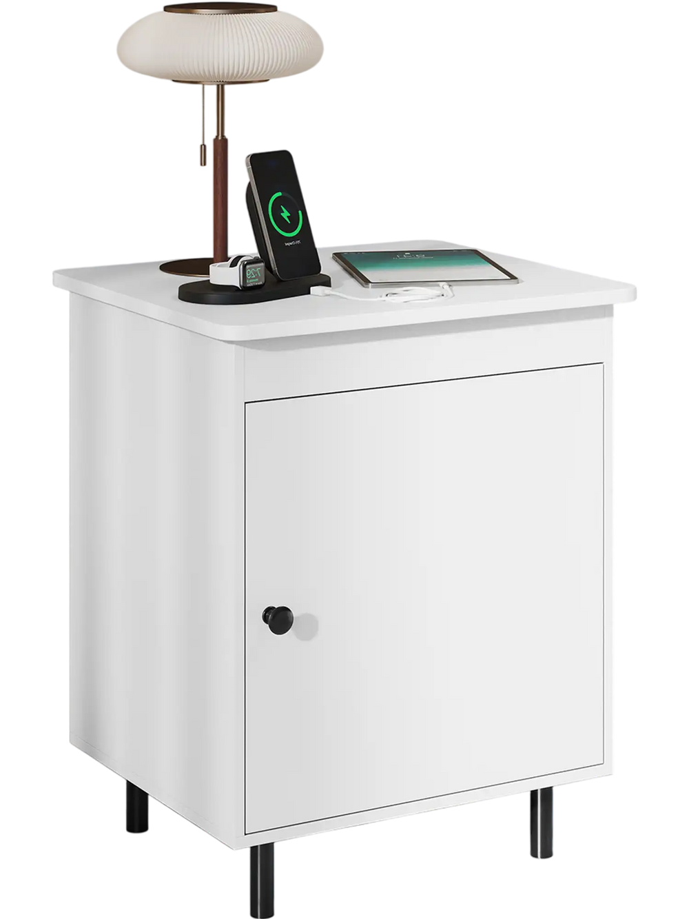 White nightstand with door, featuring ample storage, sleek finish, and metal legs, perfect for living rooms or bedrooms.