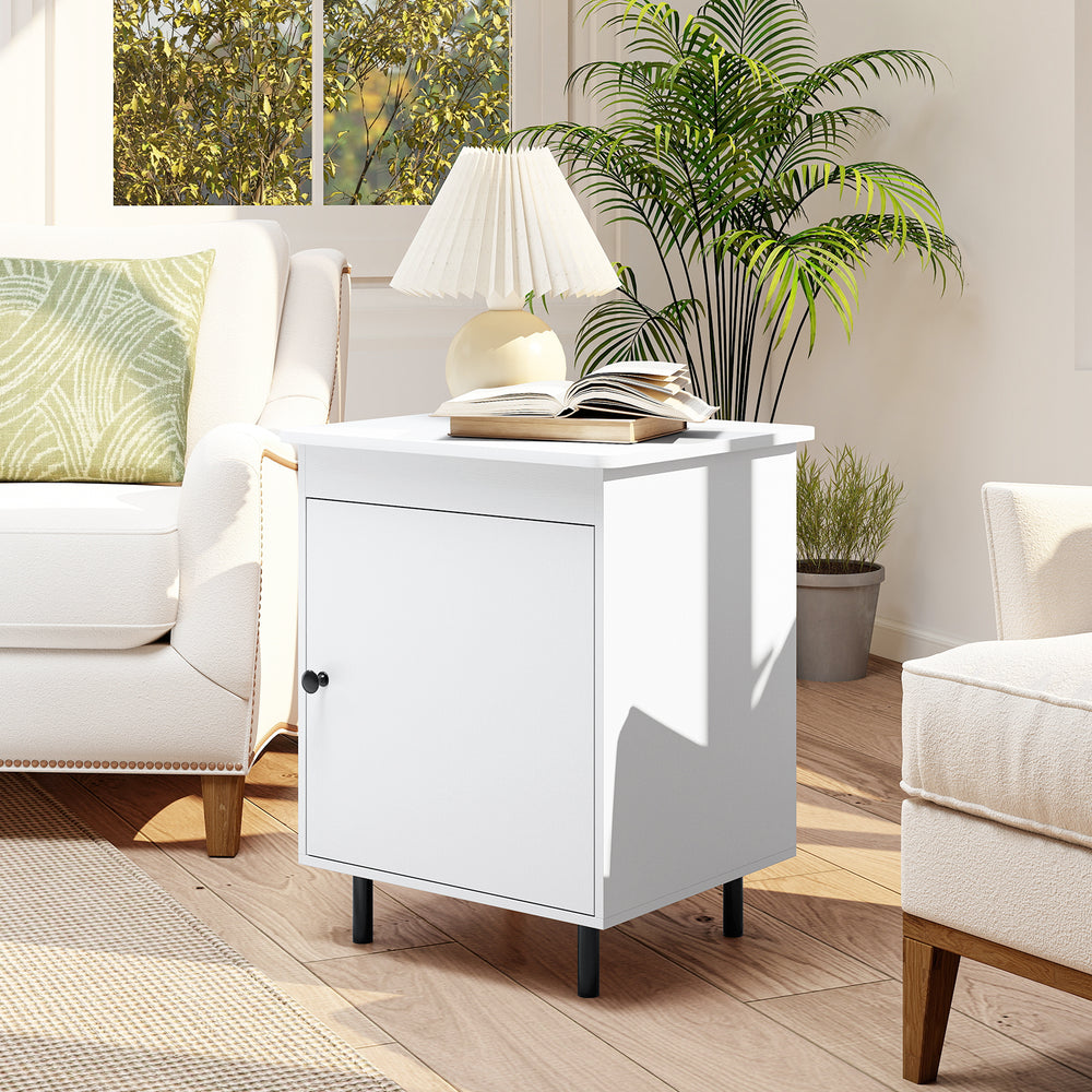 Mid-century white nightstand with door, open tabletop, and metal legs, perfect for living room or bedroom storage.