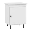 White mid-century nightstand with door, featuring ample storage and sleek finish, perfect for living rooms or bedrooms.