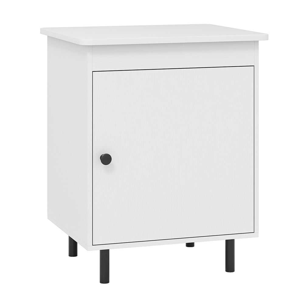 White mid-century nightstand with door, featuring ample storage and sleek finish, perfect for living rooms or bedrooms.