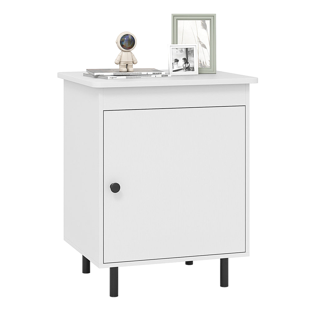 Mid-century nightstand with a white finish, enclosed storage cabinet, and open tabletop for versatile use in living.