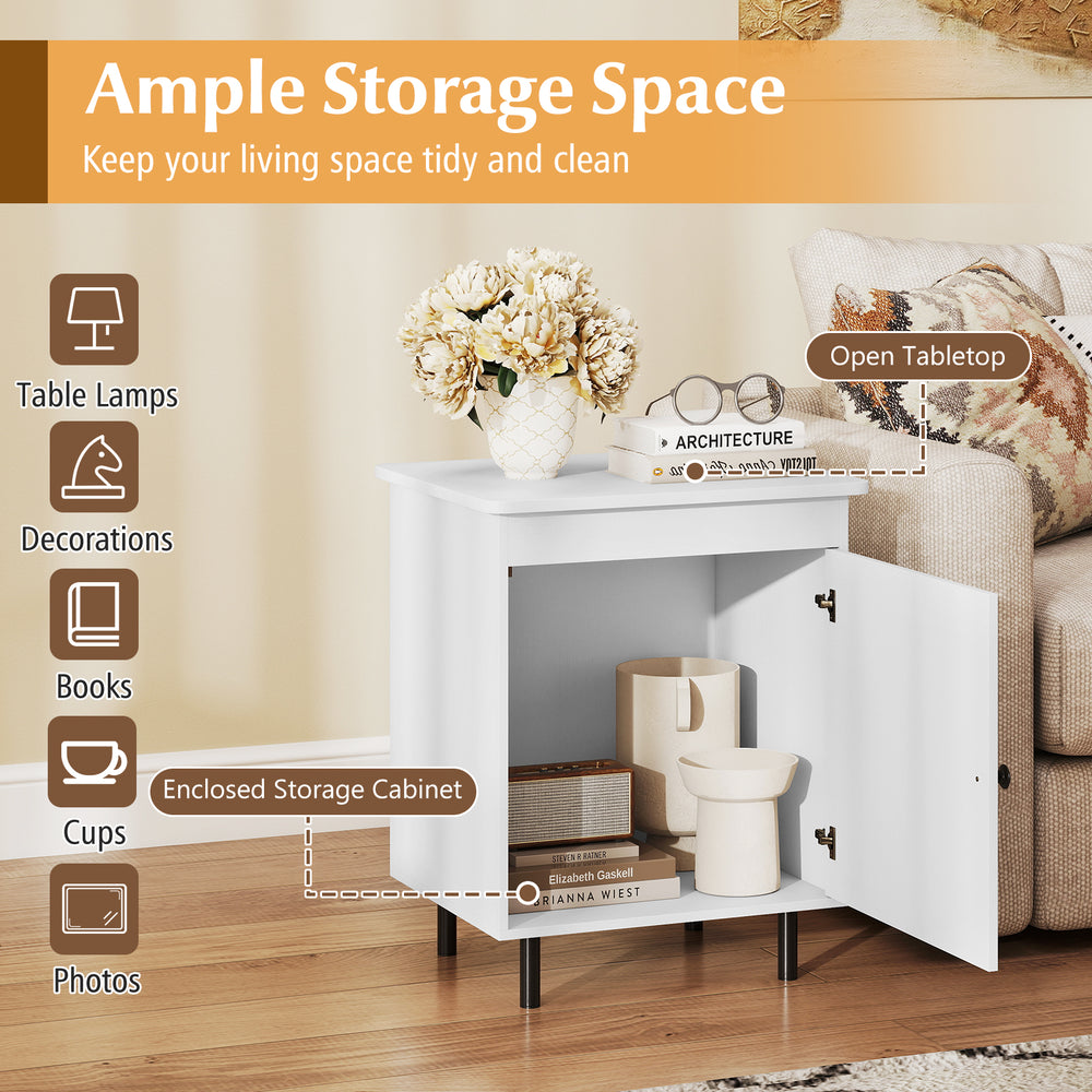 Mid-century nightstand with open tabletop and enclosed storage cabinet, perfect for living room or bedroom organization.