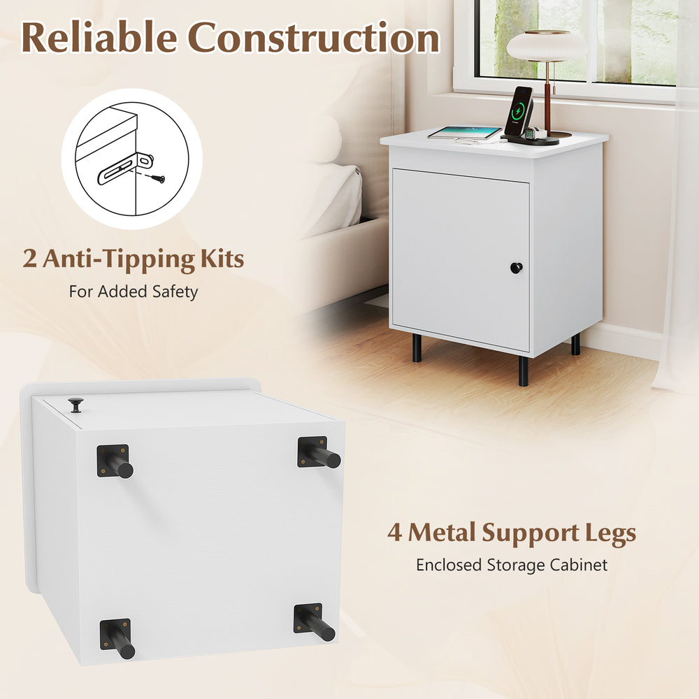Mid-century nightstand with enclosed storage cabinet, featuring 4 metal support legs and anti-tipping kits for safety.