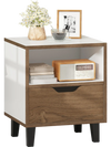 Nightstand with drawer and open shelf in white and wood, perfect for bedside storage and modern decor.