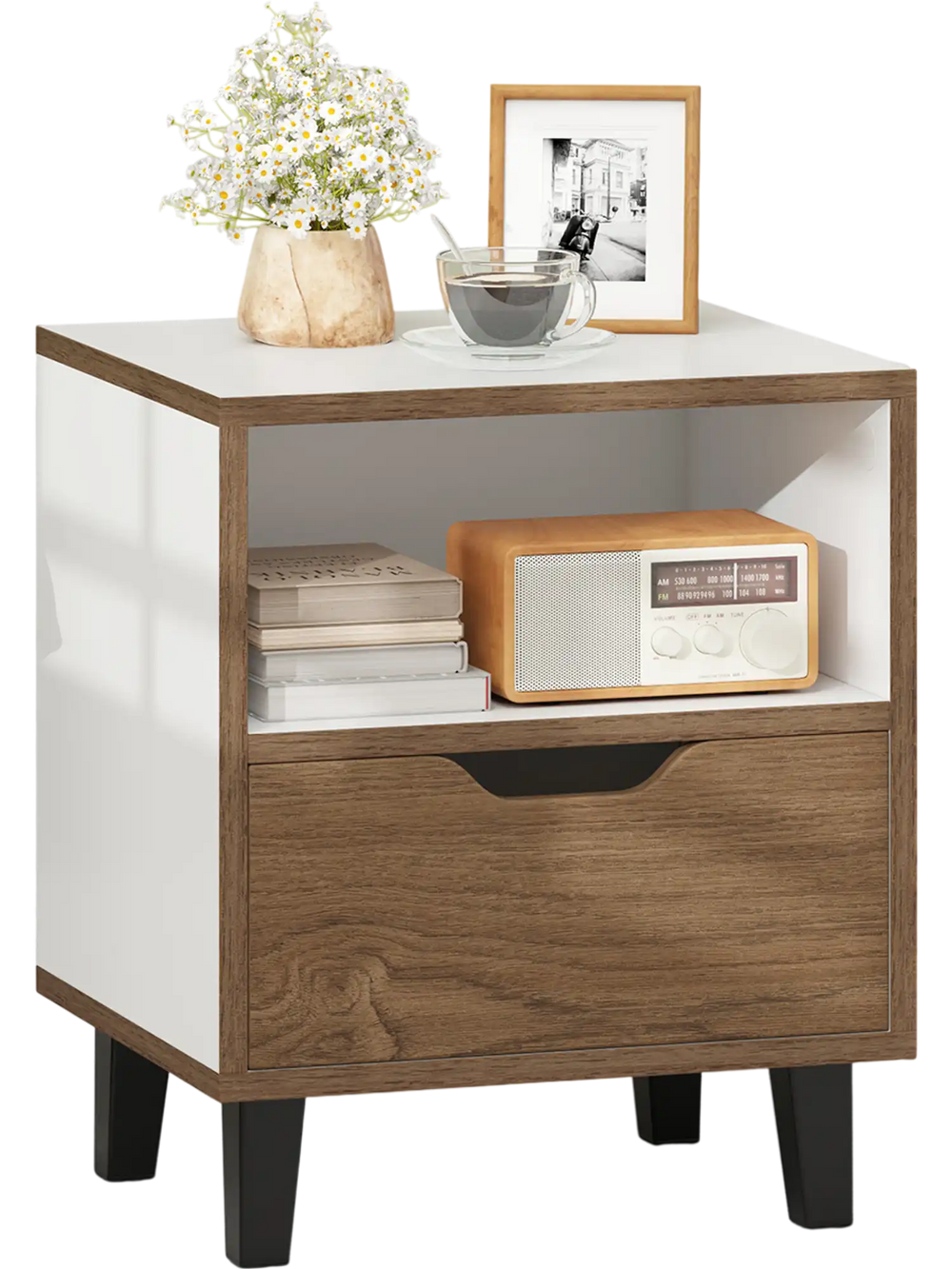Nightstand with drawer and open shelf in white and wood, perfect for bedside storage and modern decor.