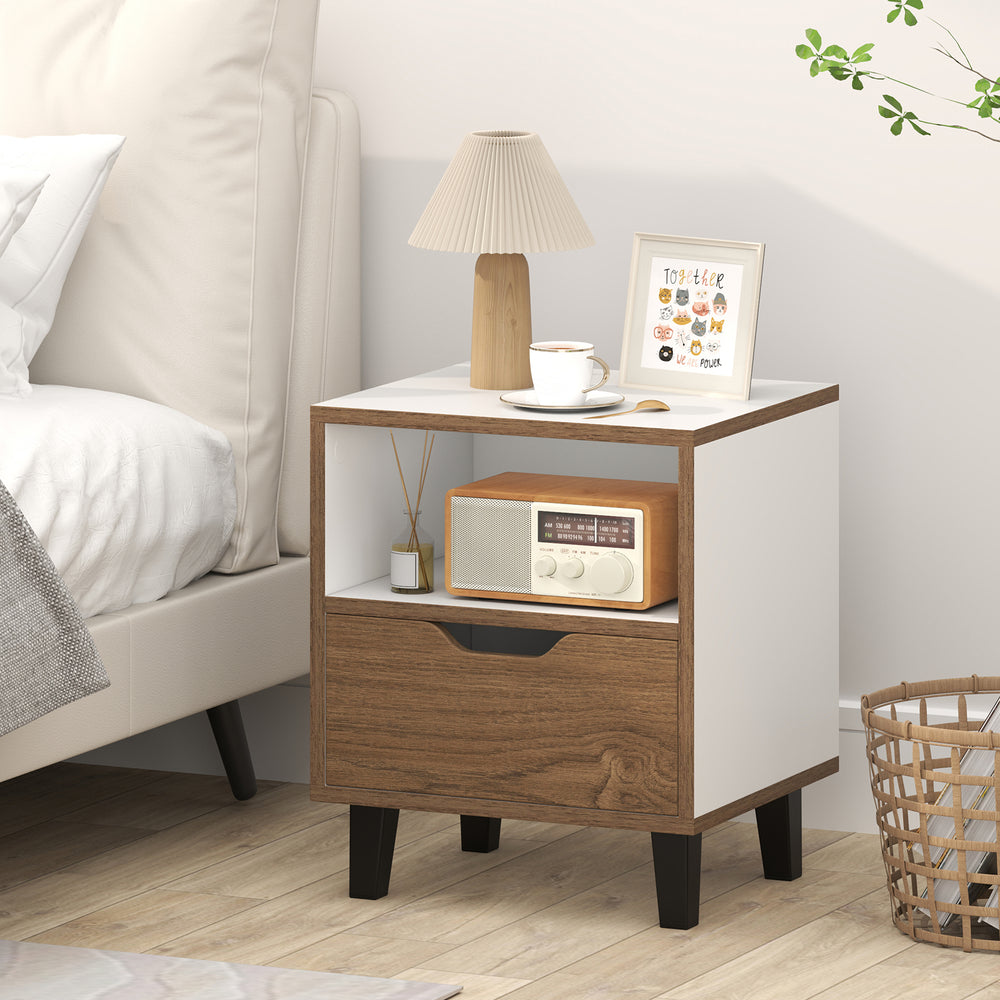 Nightstand showcasing a unique color-block design with spacious top, ideal for bedside essentials and modern decor.
