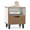 Nightstand with drawer and open shelf in white and wood finish, perfect for bedroom storage and modern decor.