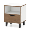 Nightstand with drawer and open storage shelf in white and wood finish, perfect for bedroom or living room use.