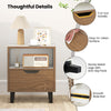 Nightstand with drawer and open shelf, featuring a cut-out handle, metal legs, and easy-to-clean surface for bedroom.