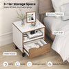 Nightstand with deep drawer and open shelf, featuring a white and wood design for bedroom storage and easy access.