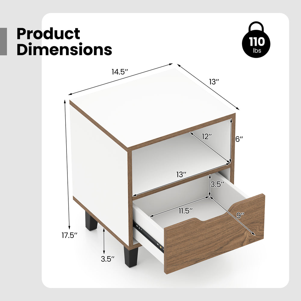 Nightstand with drawer and open shelf, featuring a white and wood design, ideal for bedroom storage and organization.
