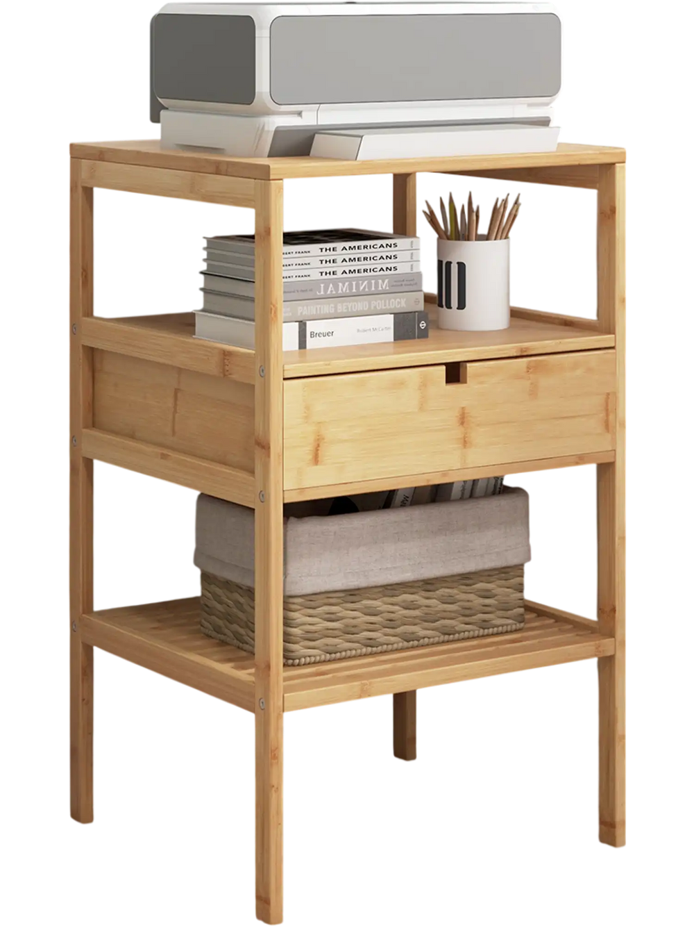 Bamboo nightstand with open shelves and drawer, ideal for storage in living room or bedroom.
