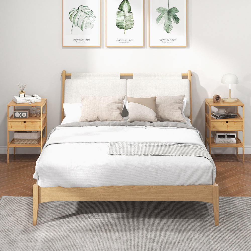Bamboo nightstand set of 2 with open shelves and drawer, ideal for bedroom or living room storage and decor.