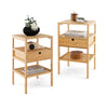 Bamboo nightstand set of 2 with open shelves and drawer, perfect for living room or bedroom storage.