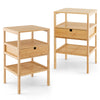 Bamboo nightstand set of 2 featuring open shelves and a pull-out drawer, ideal for living room or bedroom storage.