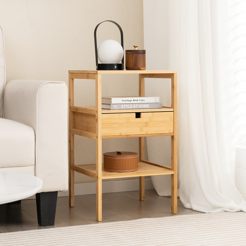 Bamboo nightstand with open shelves and drawer, perfect for living room or bedroom storage and decor.