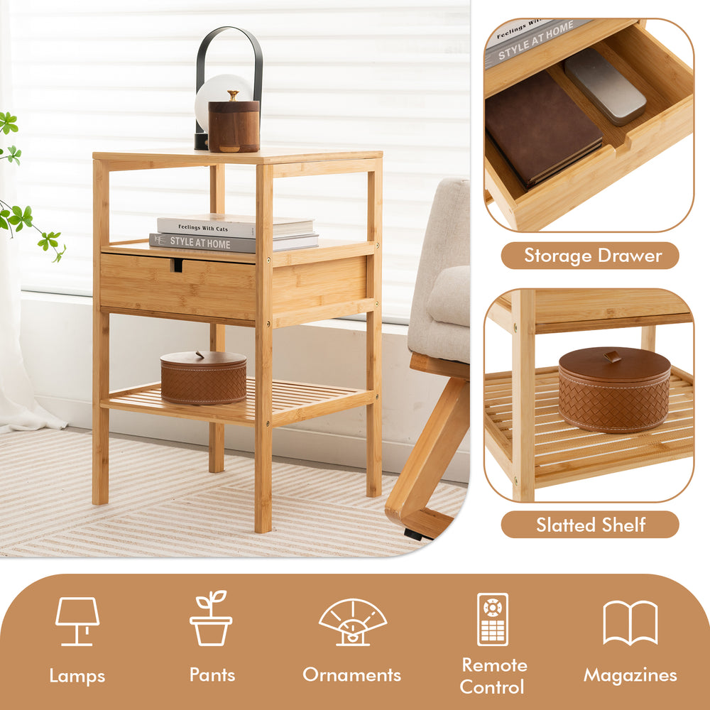 Bamboo nightstand with slatted shelf and pull-out drawer, ideal for living room or bedroom storage.