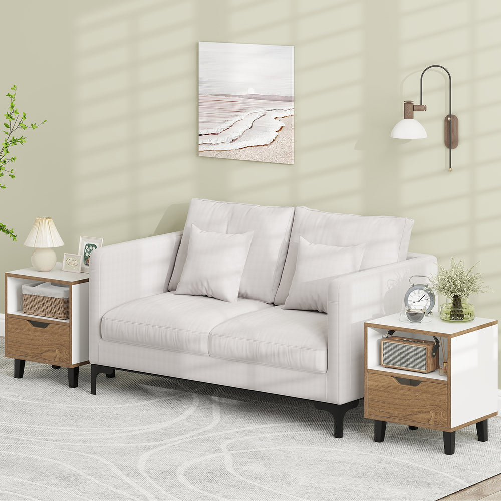 Nightstand set of 2 in white with drawer and open shelf, perfect for bedside or sofa side storage.