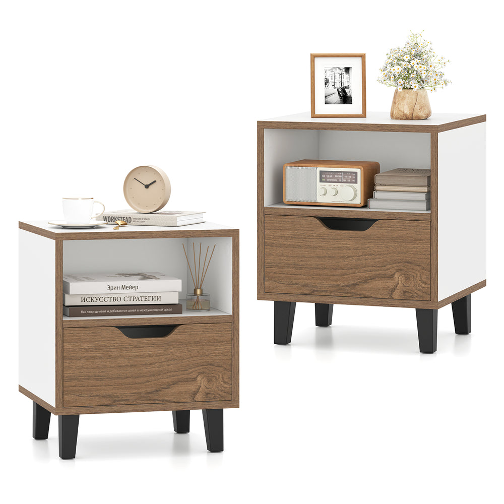 Nightstand set of 2 featuring a white and wood design, with a drawer and open shelf for bedroom storage.